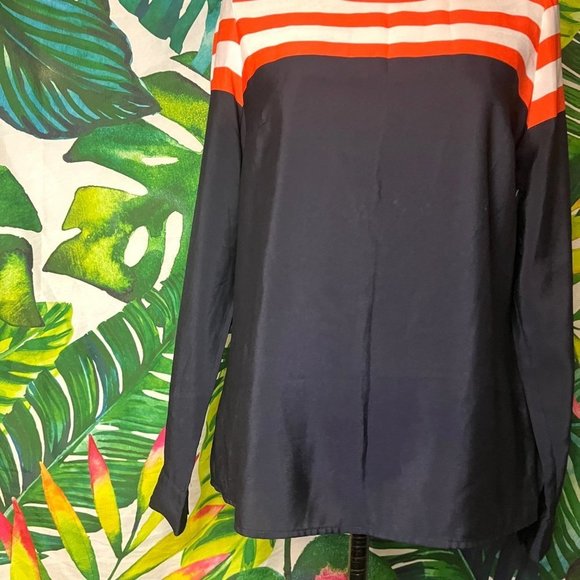 EUC Worthington Medium Navy Blue Red White Stripe Nautical Preppy Classic Blouse - Picture 3 of 8